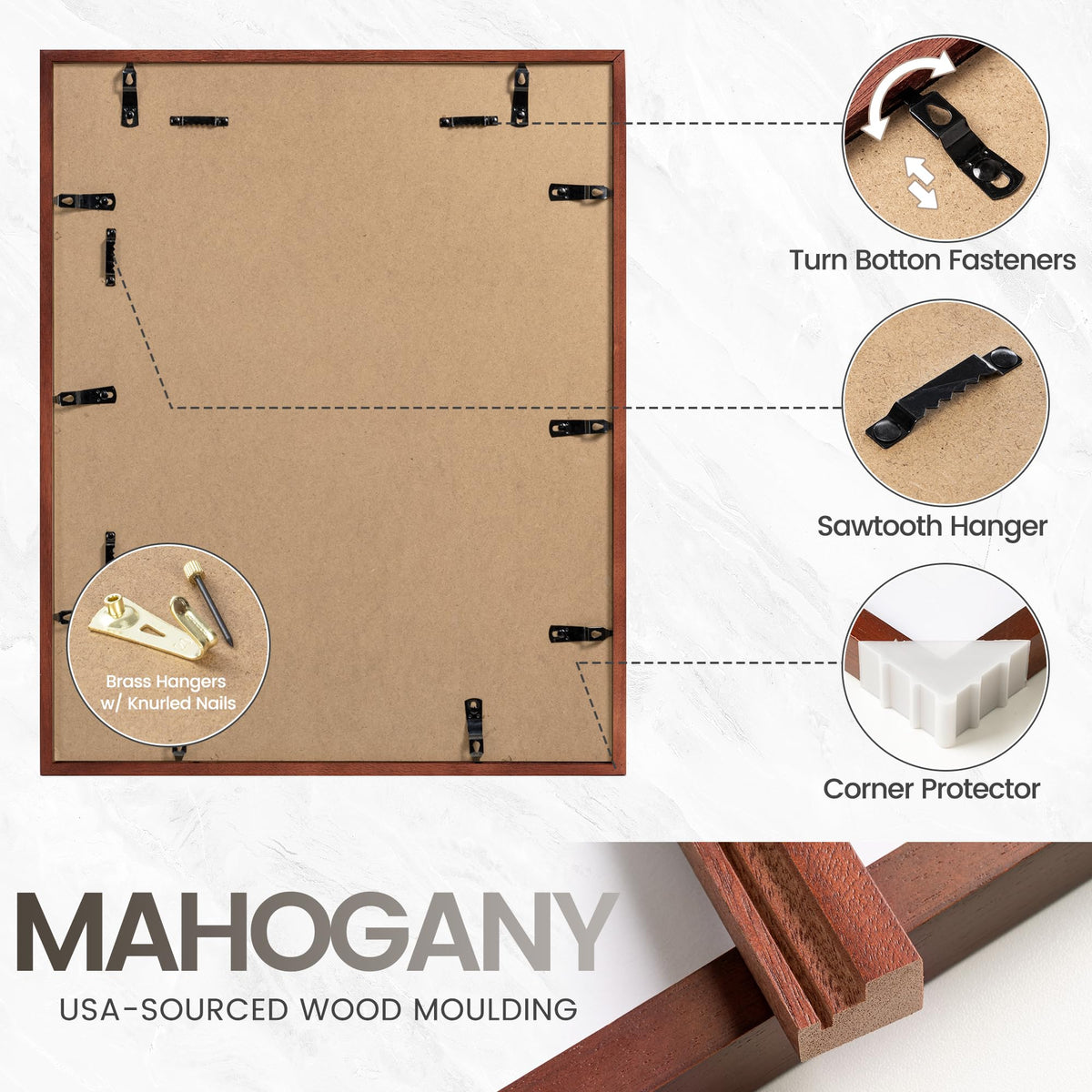 11x14 Picture Frame, USA-Sourced Natural Mahogany Wood Photo Collage Frame with HD Tempered Glass, Modern Simple 11 x 14 Wooden Frame Matted to 8x10, Vertical & Horizontal Wall Hanging Display