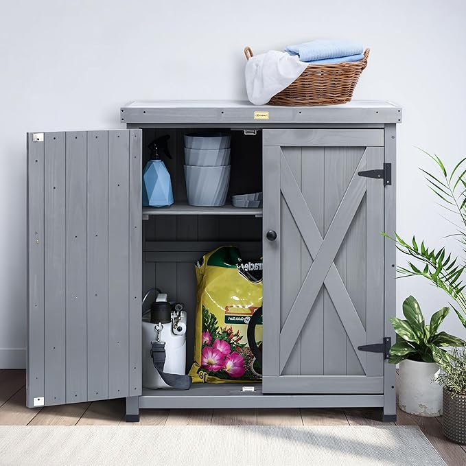 HABAU Outdoor Storage Cabinets Weatherproof for Patio, Garden Work Bench with Shelves & Metal Tabletop, Wooden Potting Table Workstation