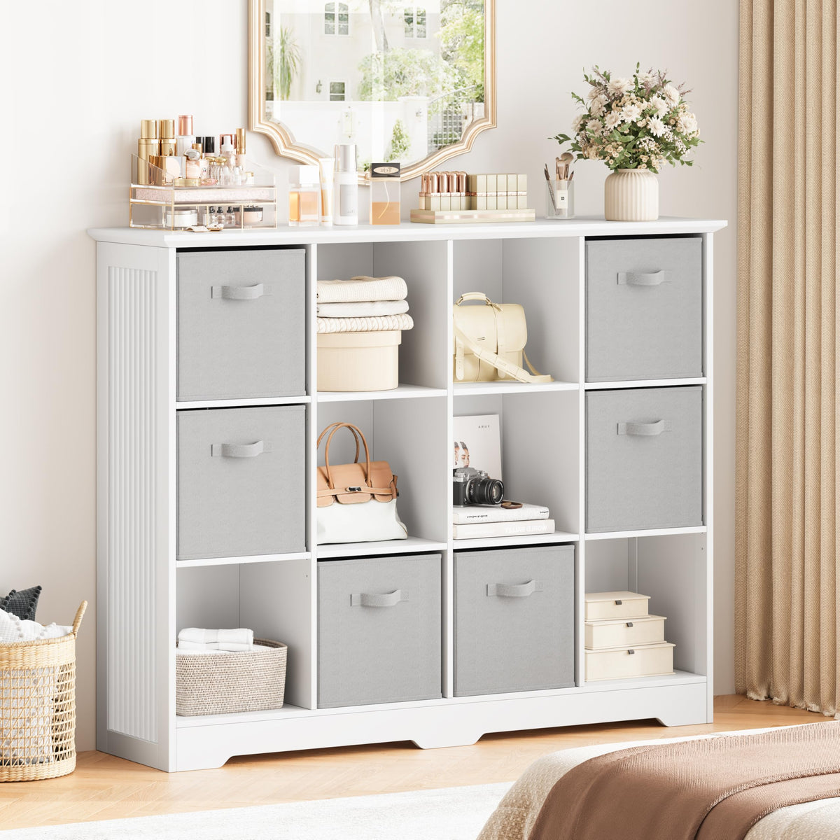 METOTI 12 Cube Storage Organizer Shelf, Wood Cubby Storage with 6 Fabric Drawers, 3 Tier Wooden Bookshelf with 2 Adjustable Shelves & Fluted Side Panels for Bedroom, Living Room, Home Office, Whtie