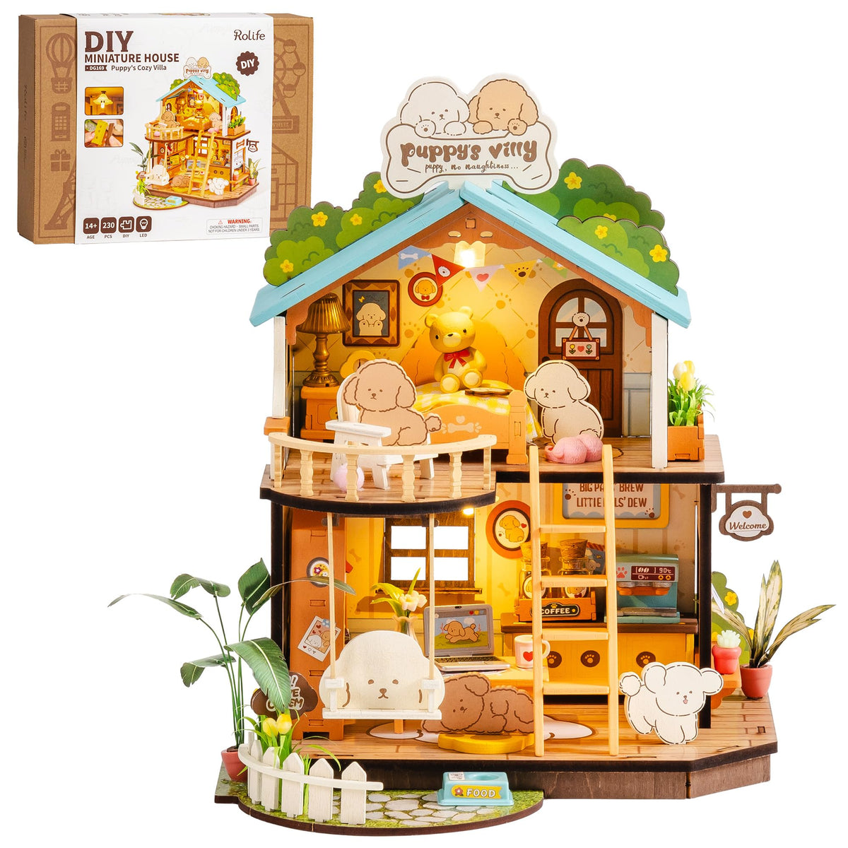 Rolife DIY Miniature House Kits Puppy's Cozy Villa, DIY Crafts for Adults Miniature Model Set, Tiny House Duplex Villa with Puppy, Hobbies & Birthday for Friends (230PCS)