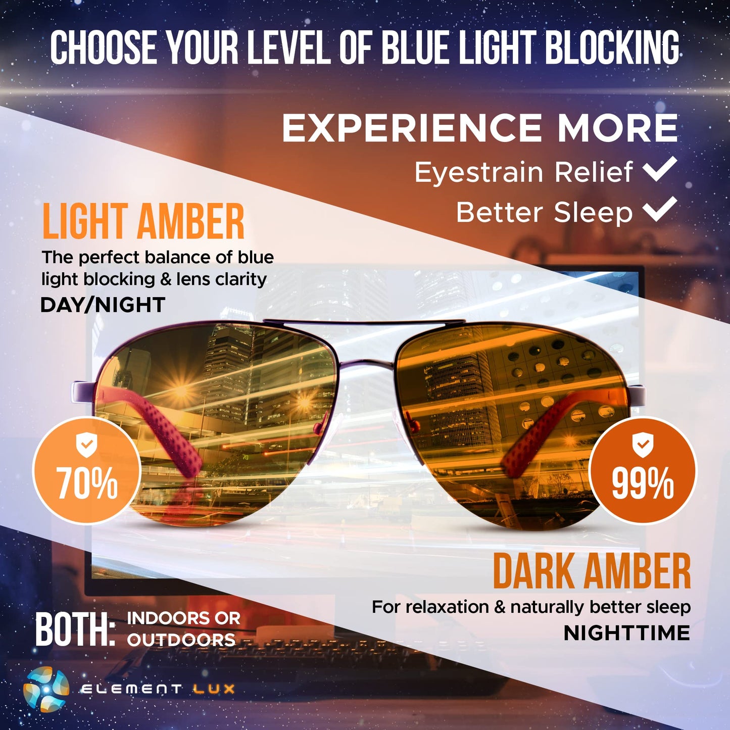 ELEMENT LUX Blue Light Blocking Glasses | 99% Dark Amber Lenses | For Better Sleep, Gaming, Computer Screen, Eyestrain Relief