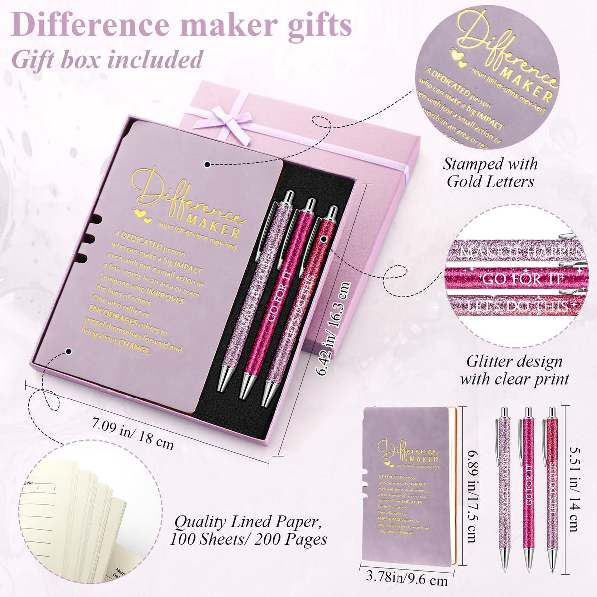 Thenshop 5 Pcs Employee Appreciation Gift Journal with Pen Difference Maker Inspirational Leather Notebook 3 Ballpoint Pens Box Thank You Gift for Coworker Teacher Volunteer Social Worker(Purple)