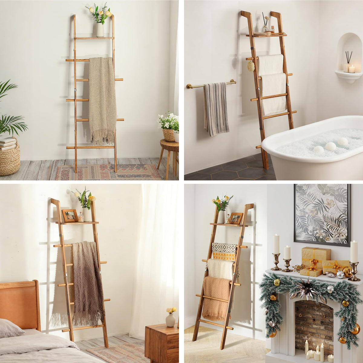 ZUNTO Blanket Ladder with Top Shelf for The Living Room - 67in Decorative Wooden Blanket Holder, 5 Tier with Side Hooks for Hanging - Rustic Farmhouse Towel Throw Ladder Rack for Organize and Display
