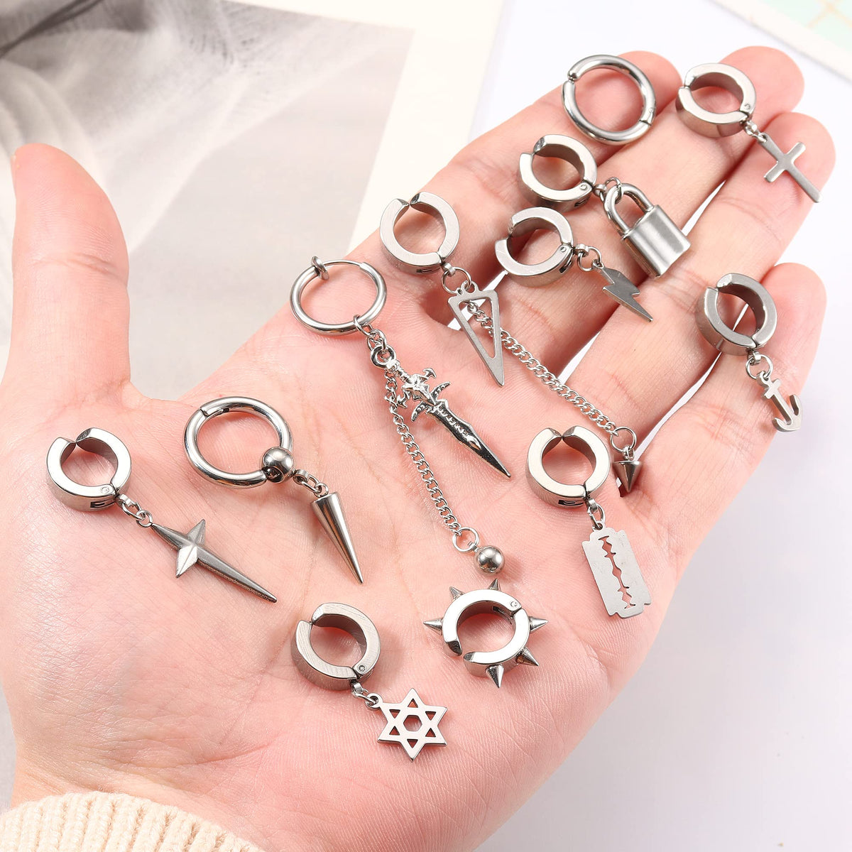 Thunaraz 25 Pcs Clip-on Earrings - Stainless Steel Cross, Chain, Dangle, Black Fake Earrings for Men & Women - Non-Pierced Huggie Hoop Set
