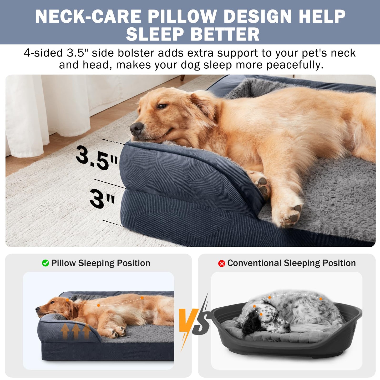 JOEJOY Extra Large Dog Bed, Orthopedic Memory Foam Dog Beds, Washable Dog Bed, Grey, Fits up to 90lbs, Good for Golden Retriever, Labrador,German Shepherd,Samoye,Rottweiler