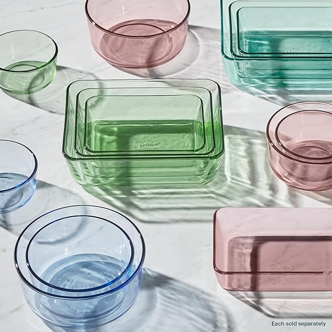 Pyrex Colors Tinted Glass Rectangle Food Storage Container Set, Snug Fit