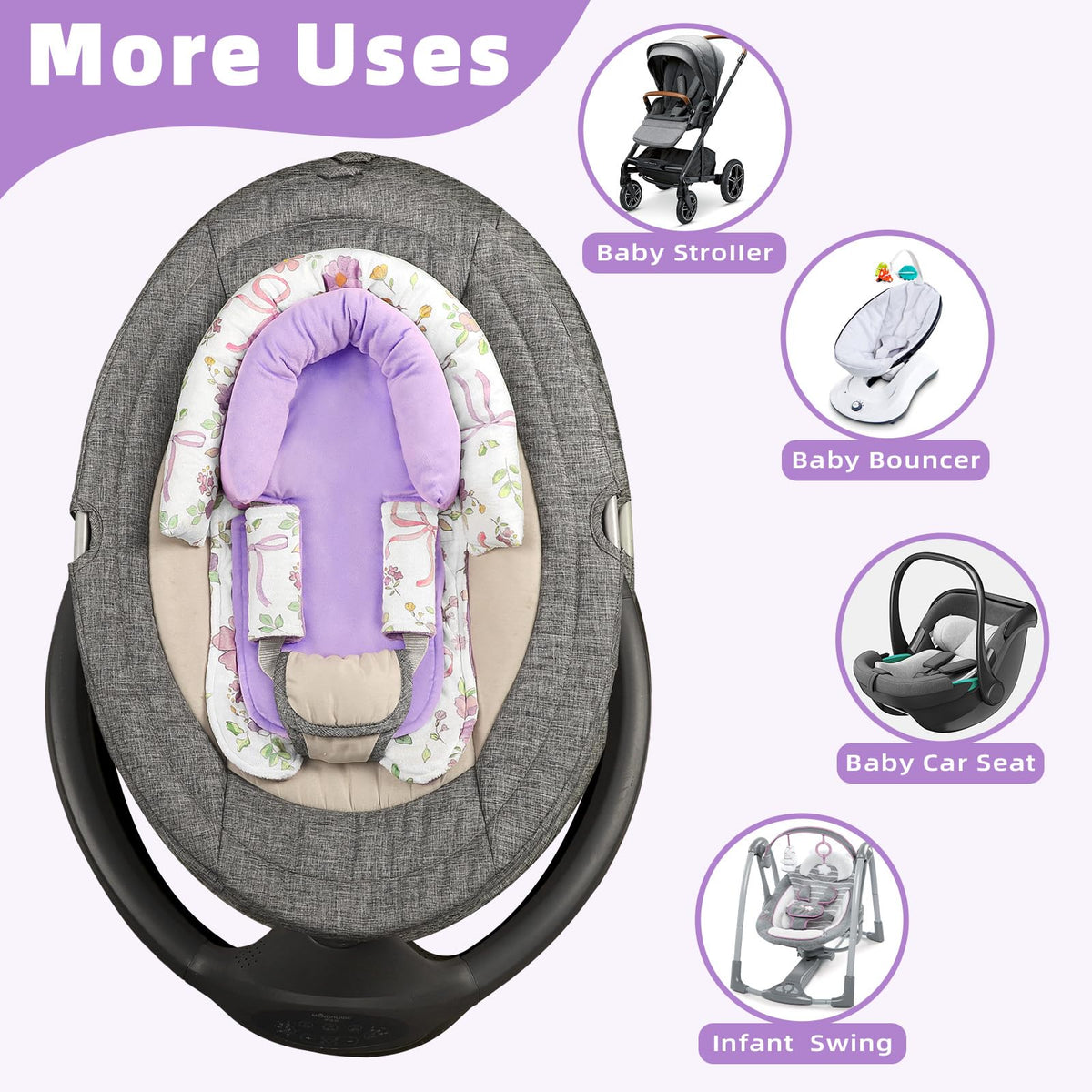 SWESEN Infant Car Seat Insert & Strap Covers, Car Seat Head Support for Baby Girls, 2 in 1 Soft Plush Car Seat Insert for Newborns, for Infants Aged 0-12, Purple Bow