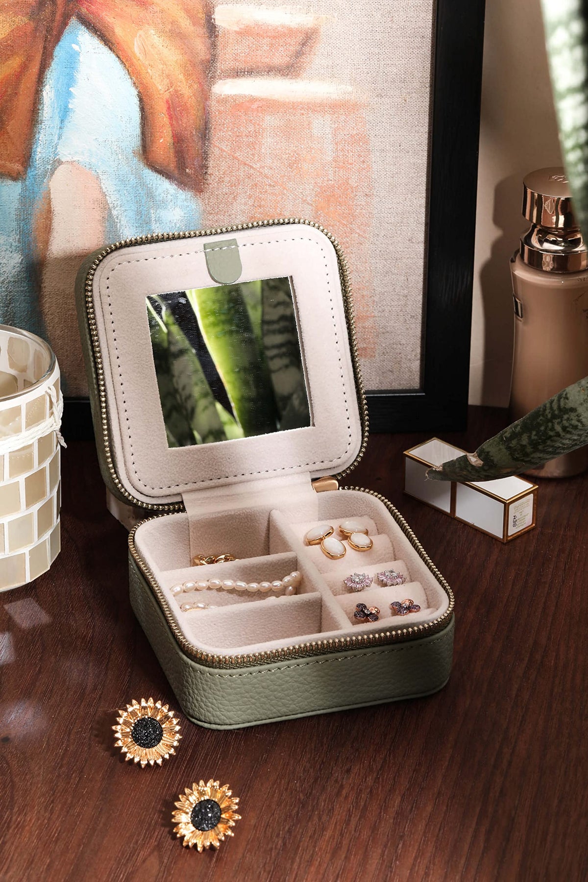 S.Leaf Travel Jewelry Organizer Boxes for Women Small Portable Necklace Earrings Bracelet Rings Travel Case Best Friend Birthday Gifts for Women Trendy (01_Lychee_Sage_Green)