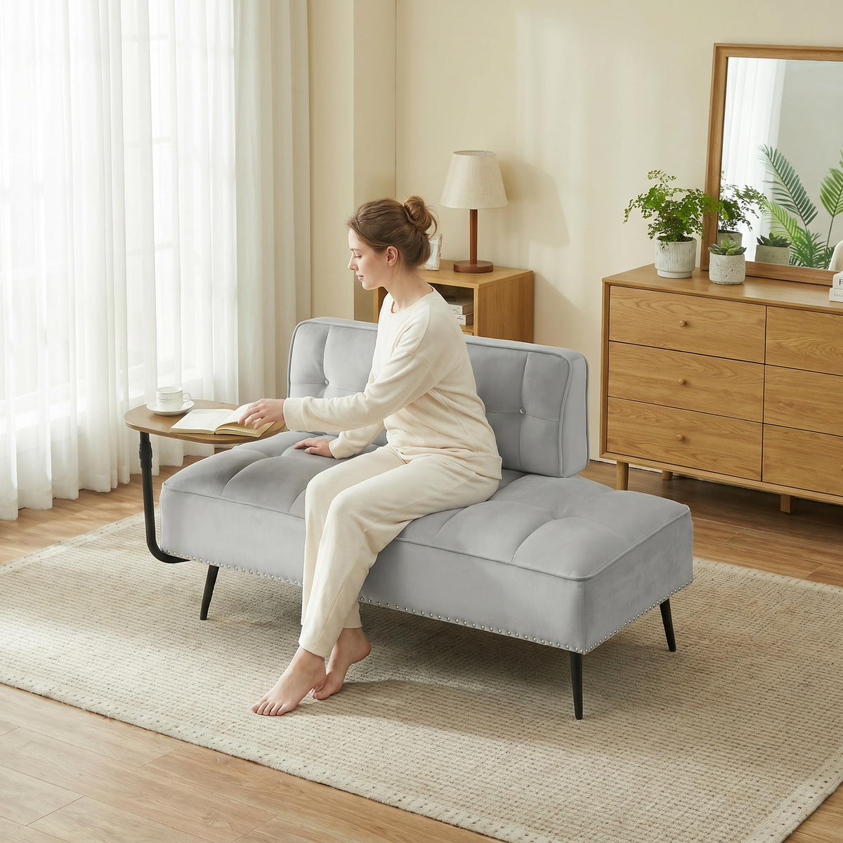 Trygoal Velvet Loveseat Sofa Couch, Futon Sofa Couch with 360° Swivel Side Table, Small Couches with Backrest and Foam Cushion for Small Spaces, Entryway Bench, Apartment, Bedroom, Gray