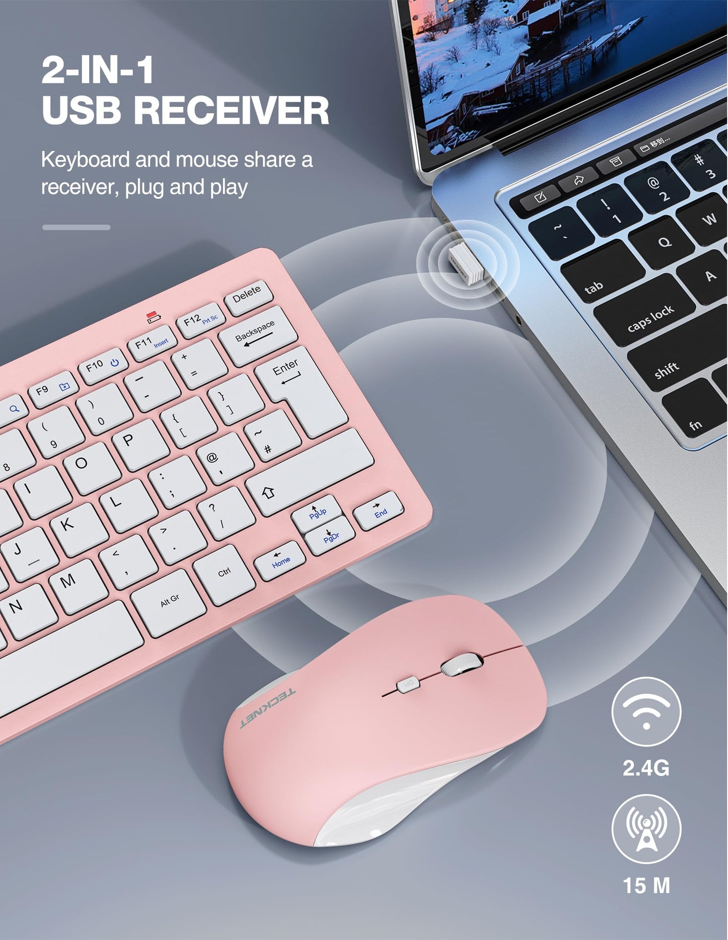 TECKNET Mini Wireless Keyboard and Mouse Set, 2.4G Cordless USB Keyboard and Silent Mouse Comb with Nano USB Receiver, 12 Multimedia Shortcuts for Computer, PC, Laptop, Desktop, Pink