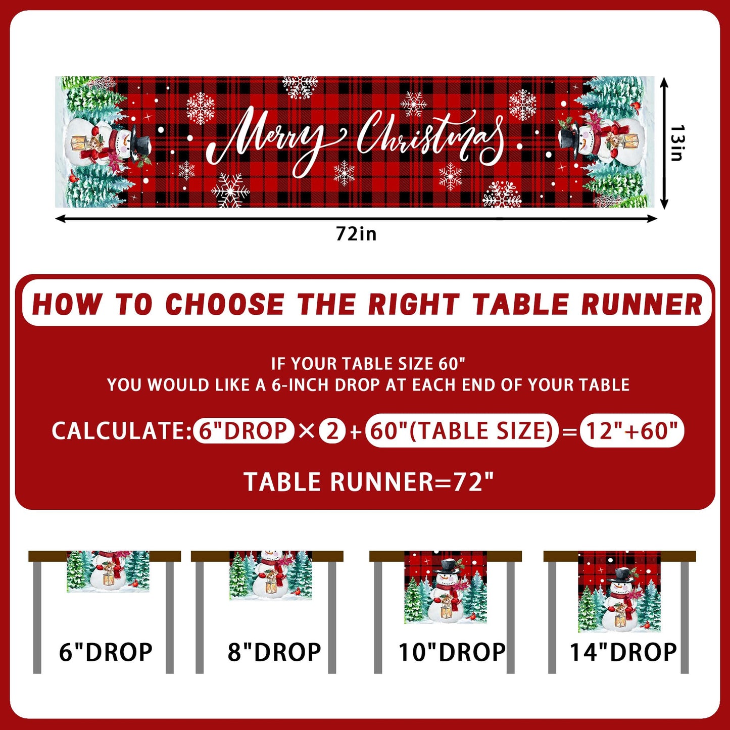 pinata Christmas Table Runner, Christmas Runner for Table 72 Inches, Xmas Snowman Red Buffalo Plaid Runners for Home Dining Kitchen Decor