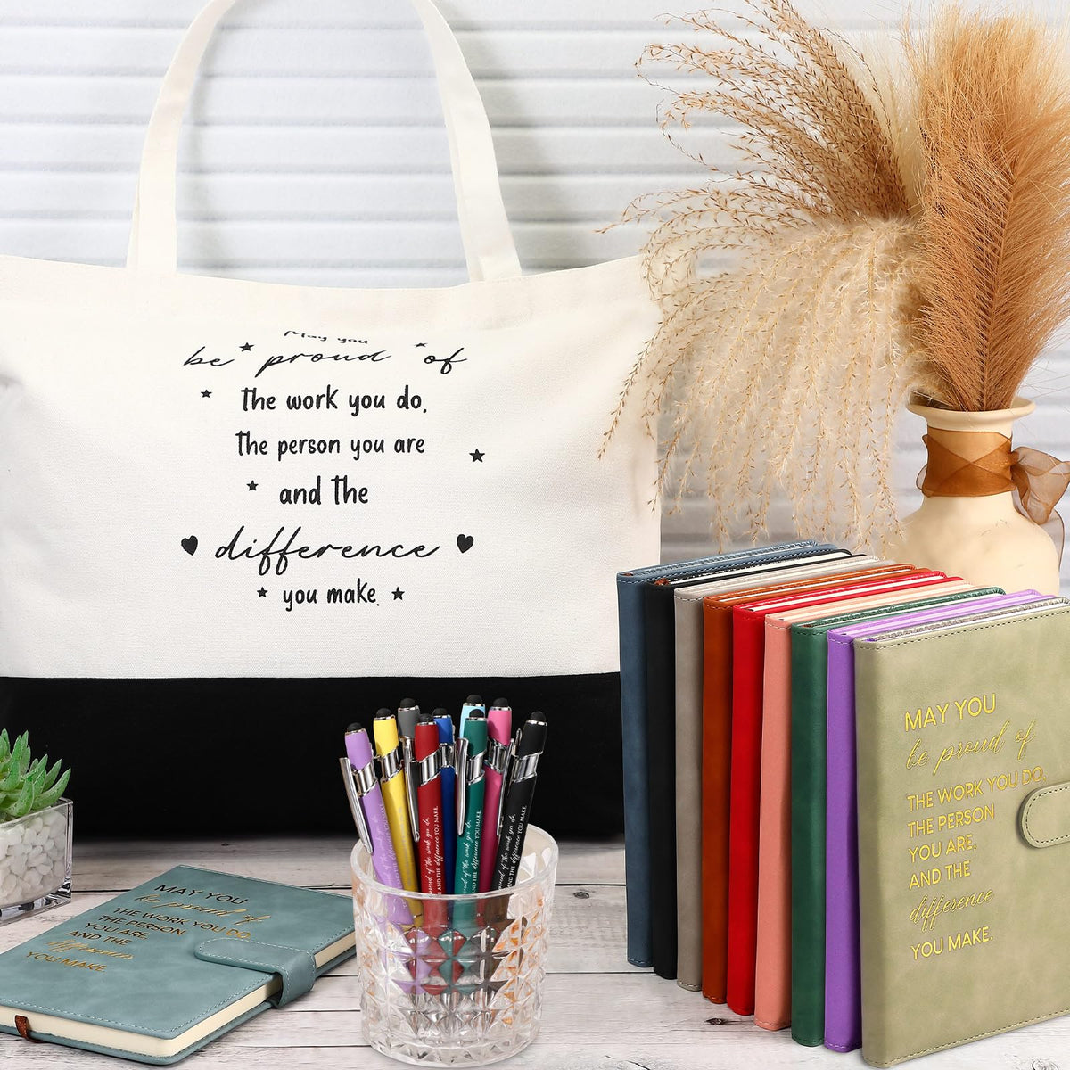 Paterr 12 Sets Employee Appreciation Gifts Bulk, Thank You Team Gifts, Inspirational Leather Notebooks Canvas Tote Bags Ballpoint Pens for Teachers Coworkers Colleagues (Elegant Colors)