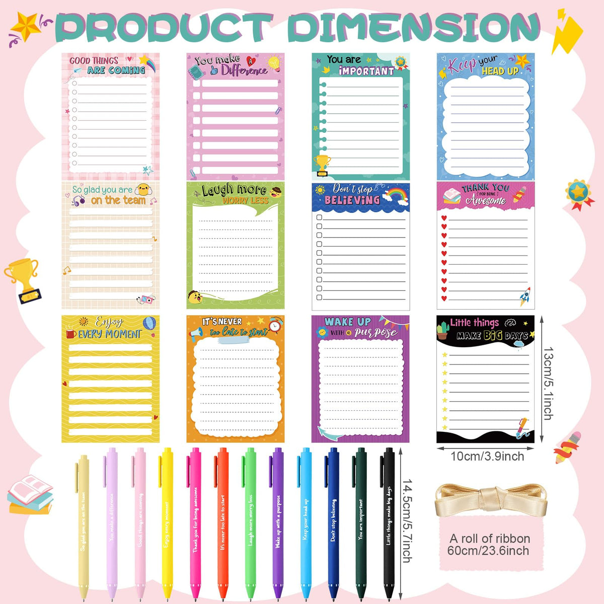 Yeaqee 12 Set Employee Appreciation Gifts 12 Empowering Sticky Notepads 12 Pens 12 Ribbons Motivational Sticky Notes Inspirational Pens for Office Supplies(Motivational)