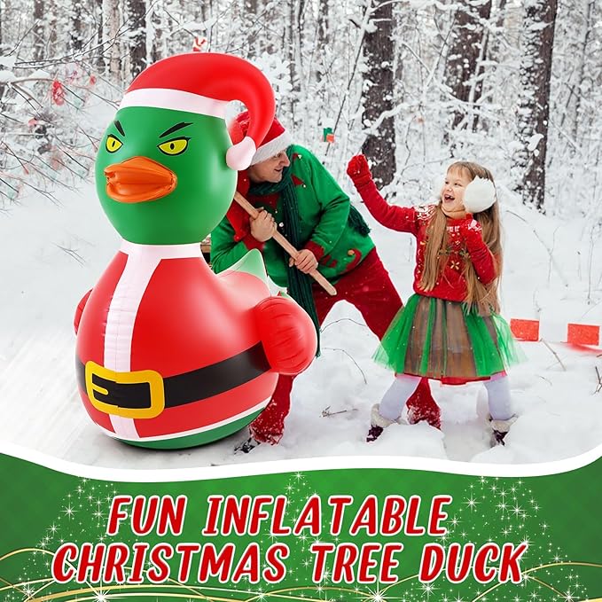 Hungdao 1 Pcs 4 Feet PVC Christmas Giant Inflatable Green Hair Monster Duck Huge Rubber Large Blow up Duck Christmas Pool Floats for Xmas Holiday Indoor Outdoor Pool Decorations