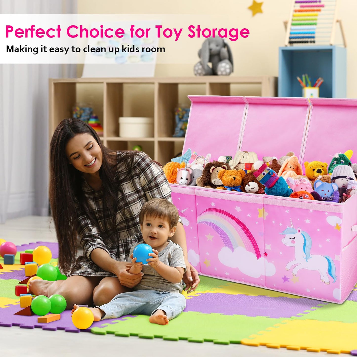 decalsweet Unicorn Extra Large Toy Box Chest with Flip Lid for Kids, Collapsible Oxford Toy Storage Box with Handles Mesh Pockets, Sturdy Waterproof Toy Box for Bedroom Playroom, 37.7×12.5×15.7 Inch