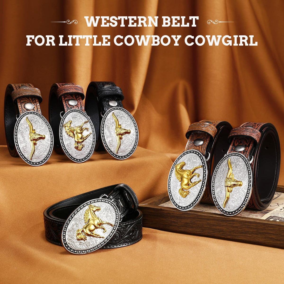 JKEEMI Kids Cowboy Belt for Boys Girls, Removable Buckle and Adjustable Embossed PU Leather Girls Boys Western Belt for Jeans