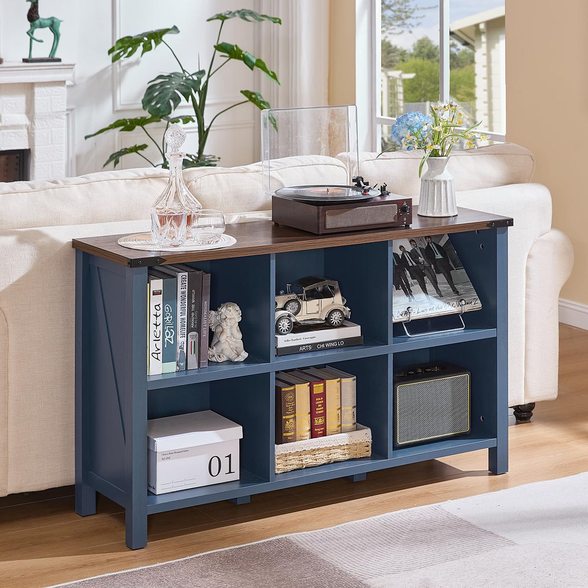 Joaxswe 6 Cube Bookcase, Farmhouse Wood Low Storage Organizer Book Shelf, 47" Horizontal Navy Blue Console Bookshelf with Legs, Hallway Book Case for Entryway, Display Cabinet for Living Room, Office