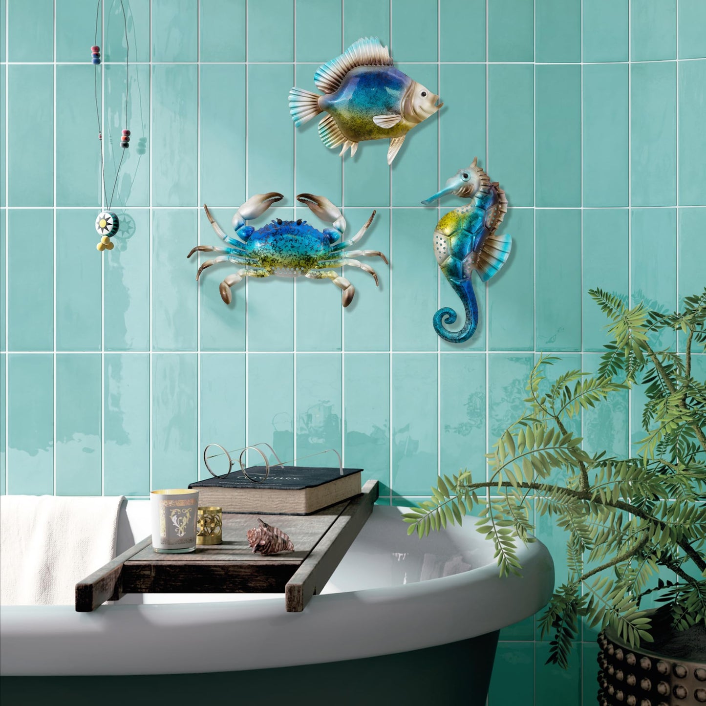 YNGFIL Metal Fish Seahorse Crab Beach Theme Wall Art, 10 Inch Set of 3 - Suitable for Outdoor Patio, Garden, Balcony, Pool and Indoor Bathrooms, Coastal Rooms