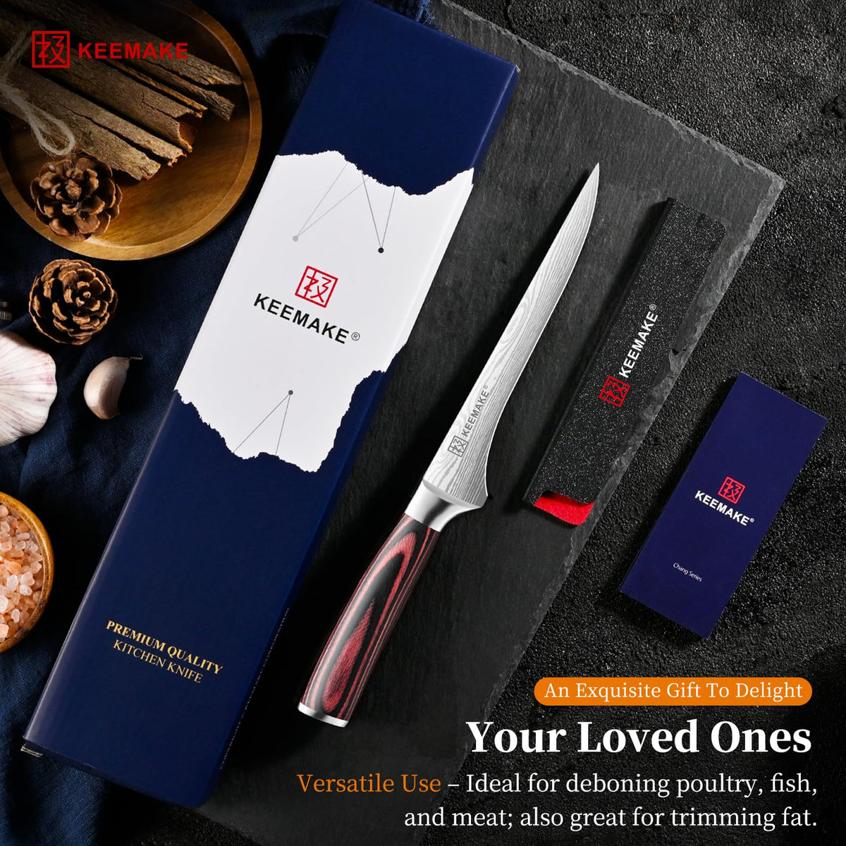 KEEMAKE Fillet Knife 6 Inch, Super Sharp Boning Knife High Carbon Stainless Steel Deboning Knives for Meat Cutting, Fish Knive with Ergonomic Pakkawood Handle with Gift Box