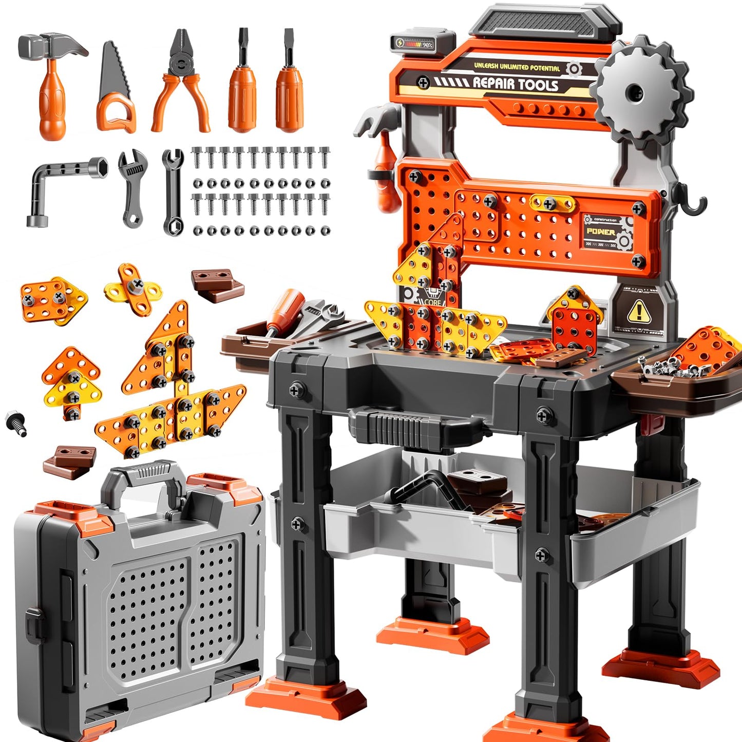 DULONIME 2 in 1 Workbench Tools Toys Set with Sound for Toddlers Aged 3-5, 145 PCS Educational Construction Mechanic Toolbox for Boys Girls, Pretend Play Toys Birthday Gift for Kids 3 4 5 6 Years Old