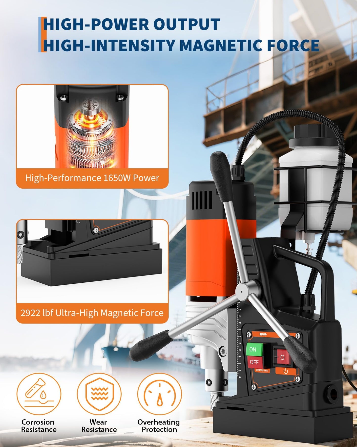 1650W Mag Drill Press, 1.57" Boring, 2922lbf Magnetic Base, 10-Speed, 810RPM, Portable Drill Machine with 10 Annular Cutters, 3 Twist Bits, Adjustable Depth, Industrial Drilling Tool Box