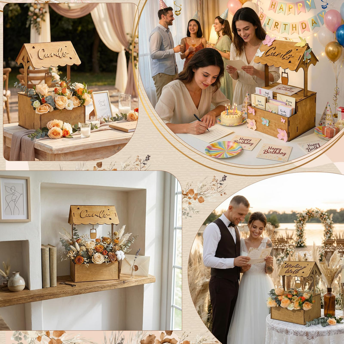 OurWarm Wooden Wishing Well Wedding Card Box with Lock & Flower Trough, Brown Wedding Card Boxes for Reception, Rustic Box for Cards at a Party for Birthday Graduation Baby Shower Reception Decor