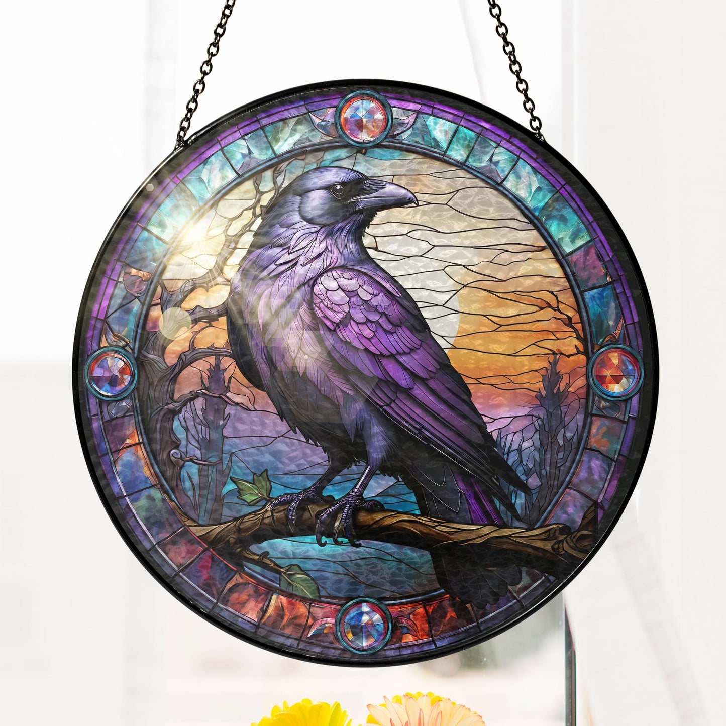 FLAGWIX Raven Stained Glass Window Hanging 8 in - Crow Gifts Decorations - Black Crow Sun Catchers Indoor Window for Gothic Home Decor, The Raven Gifts for Women Men Friends Family