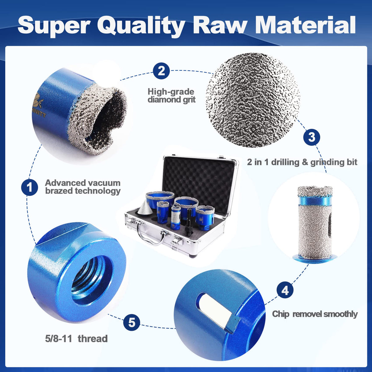 2-1/2 Inch Diamond Core Drill Bit for Porcelain Tile Ceramic Marble Granite Diamond Core Drill Bit Set 7pcs Tile Hole Saw Kit