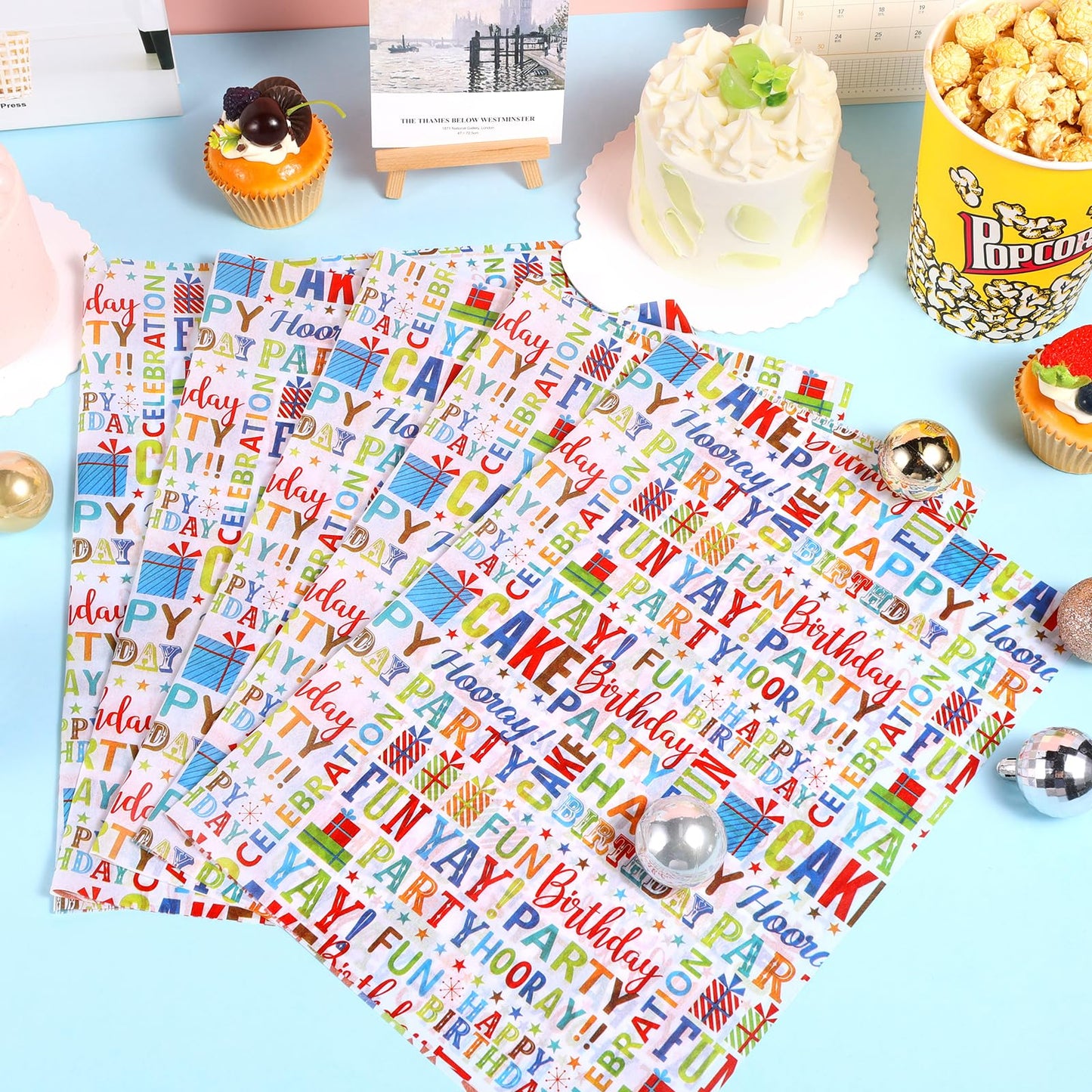 100 Sheets Happy Birthday Tissue Paper, Watercolor Letters Wrapping Paper for Birthday DIY Crafts Christmas Party Supplies, 13.8 x 19.7 Inch
