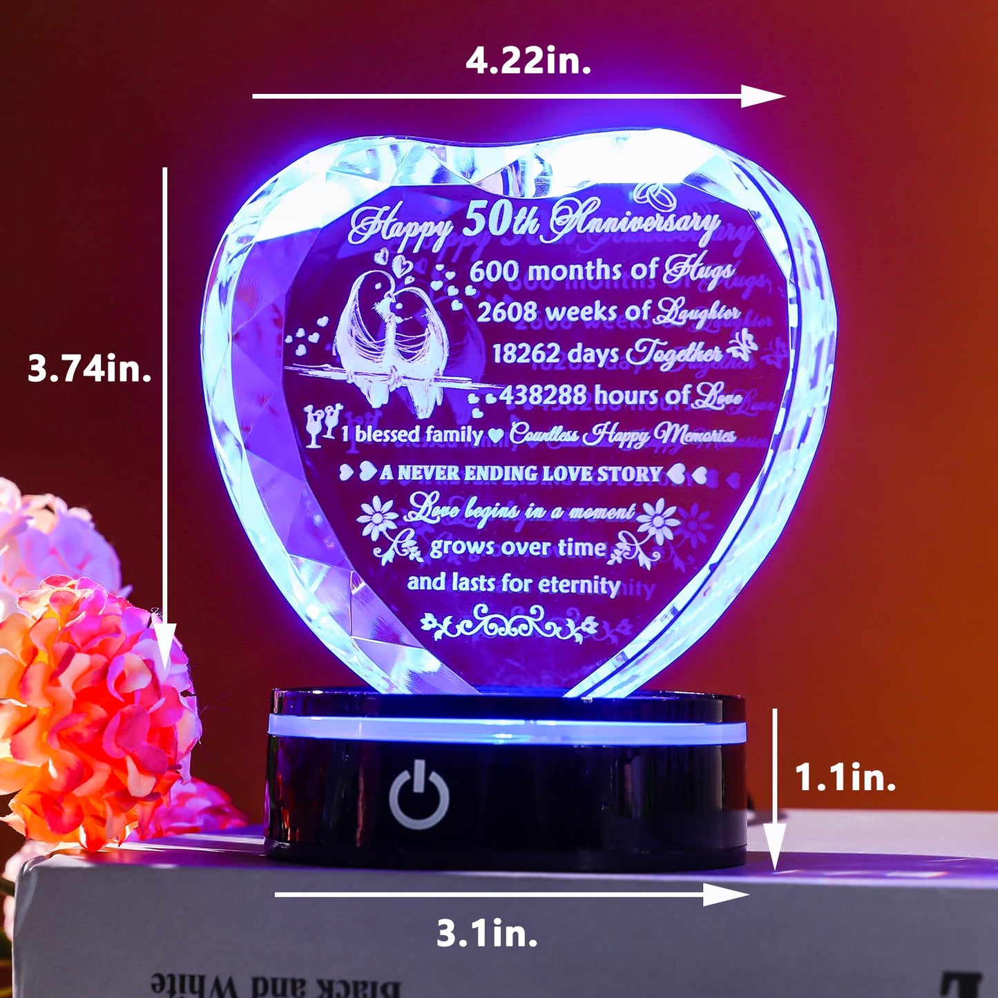 YWHL 50th Wedding Anniversary Crystal Heart Gifts for Parents Couple, Laser Engraved Romantic 50 Year Anniversary Crystal Keepsake Gifts for Wife Husband, 50 Years of Marriage Gift for Her Him