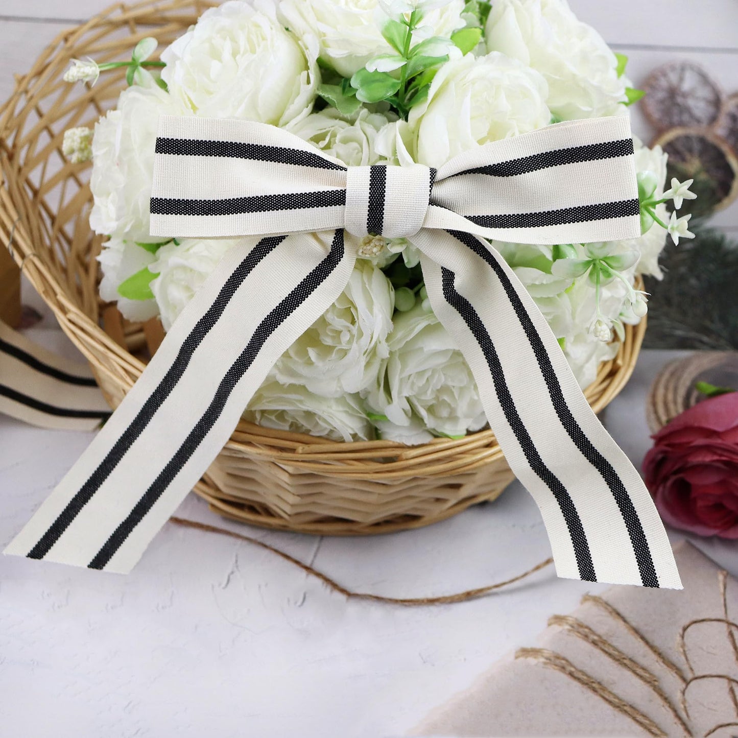 YERELO 10Yard/ Roll Set Cotton Stripe Ribbon Black and White Stripe Ribbons 1-1/2" for Christmas Tree Crafts,Wedding Wreath,Gift Wrapping,Decoration and DIY Handmade Hair Bows