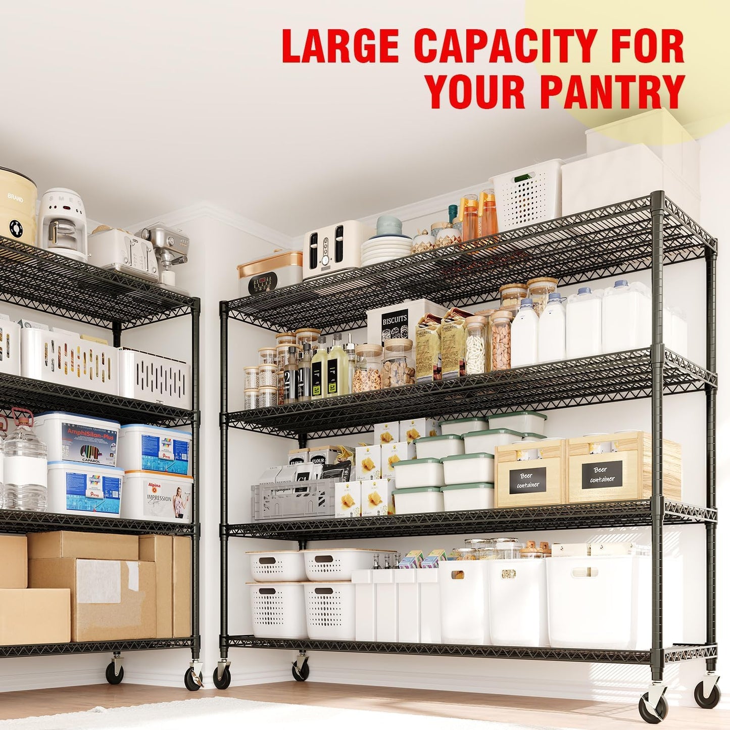 GAOMON 60" W Storage Shelves with Wheels, Metal Shelving Units Heavy Duty 2640LBS with Adjustable Wire Shelf, 4 Tiers Shelf Rolling Garage Shelving Organization, 74" H x 23.6" D