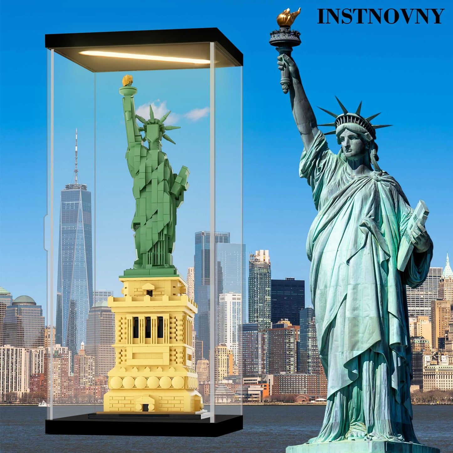 Instnovny Acrylic Display Case for Collectibles Clear Dustproof Acrylic Boxes for Display Trophy Figure Toys Lighted Lego 21042 Display Case Storage Box(Black-Solid Yellow; 7.9*7.9*18.9 inch)