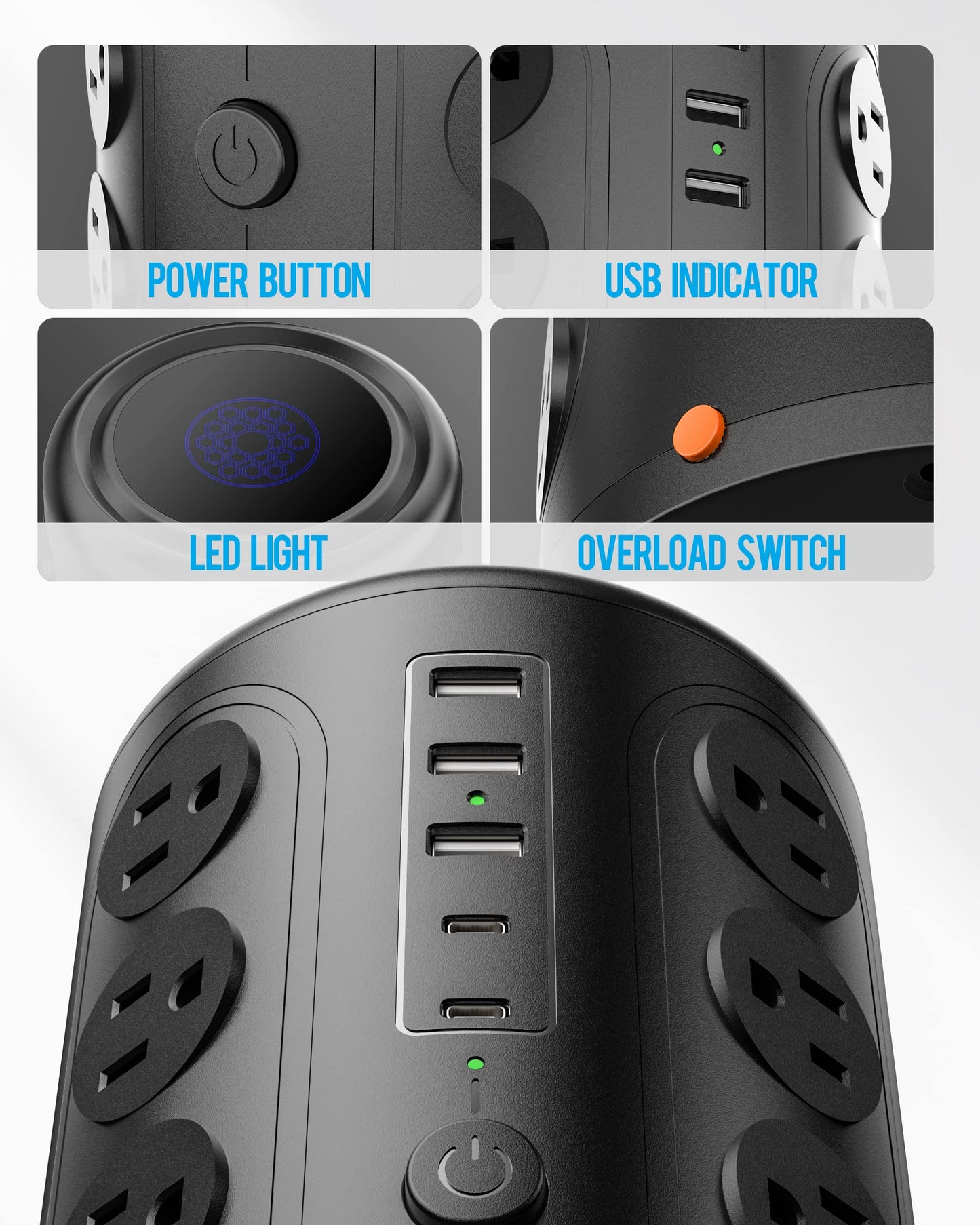 Surge Protector Power Strip 10 FT Cord, TenTrend Vertical Power Tower with 16 Outlets and 5 USB Ports (2 USB-C), 1875W 2000J Charging Station for Home Office Desk, Dorm Room Essentials, Black