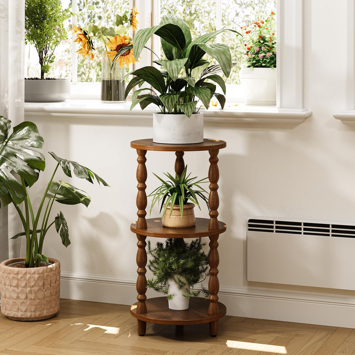 Yoobure Small Round Side Table - 3-Tier End Table with Storage Shelf, Narrow Bedside Table Nightstand for Bedroom, Accent End Tables Living Room, Wood Side Tables for Small Spaces, Office, Walnut