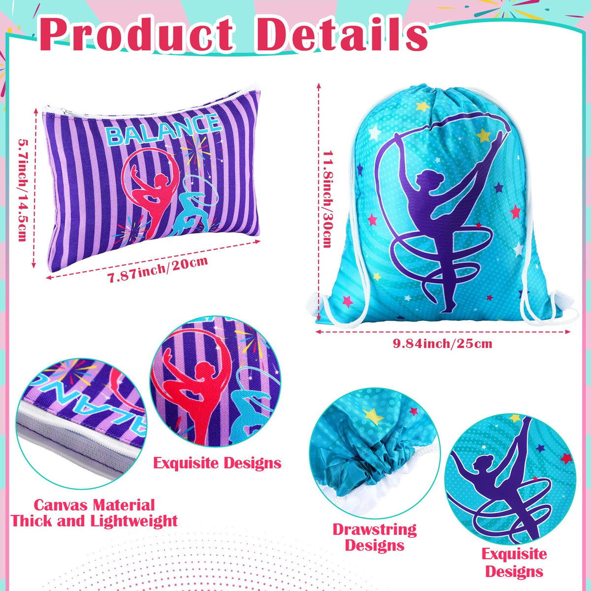 Abbylike 49 Pcs Gymnastics Party Favor Set 12 Makeup Bag 12 Bracelet 12 Drawstring Backpack 12 Hair Ties 1 Set Gymnastic Stickers for Women Girl Gym Sport Yoga