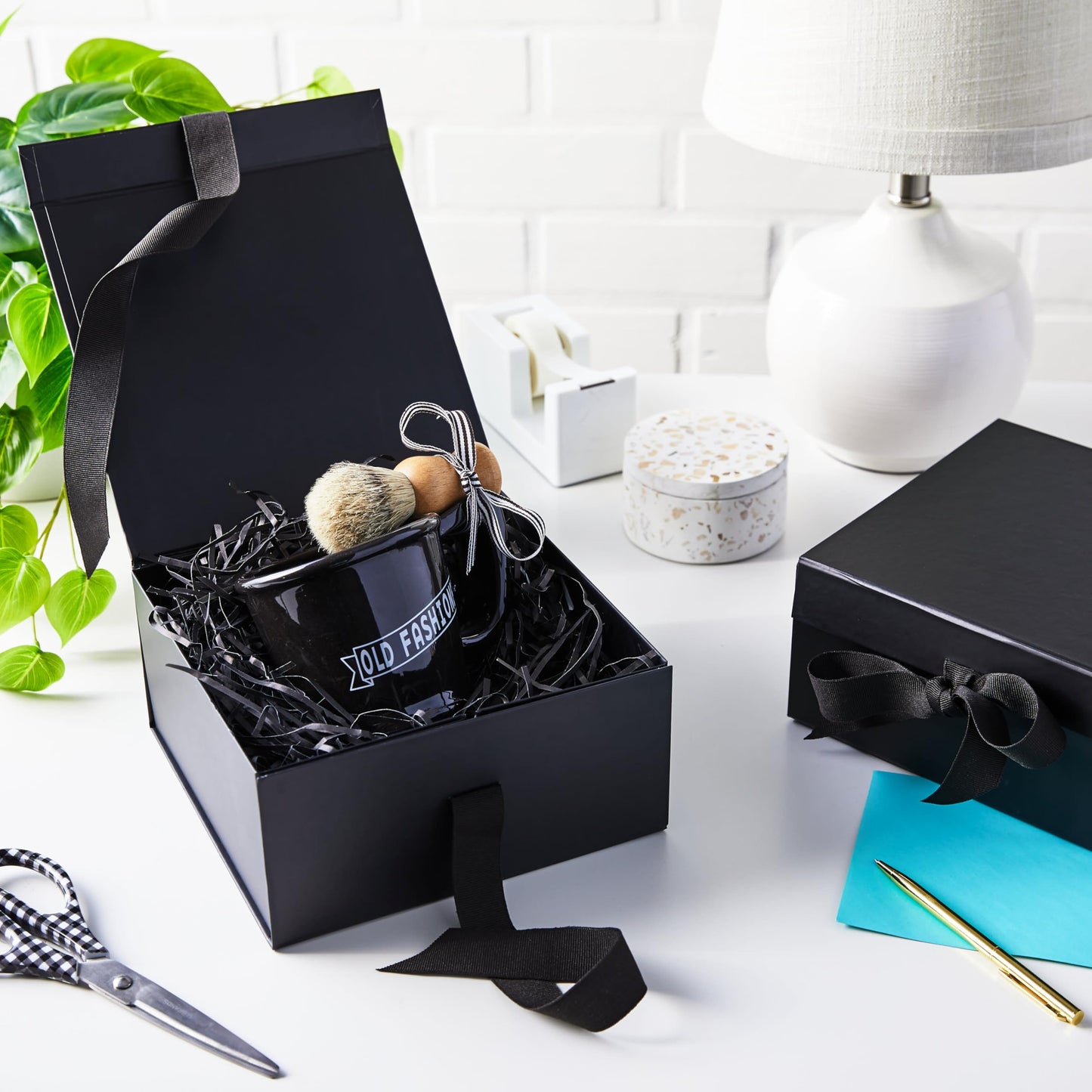 Hallmark Medium Gift Boxes with Bow and Shredded Paper Fill, Pack of 2 (Black 8 inch Box) for Weddings, Graduations, Birthdays, Father's Day, Groomsmen Gifts, All Occasion