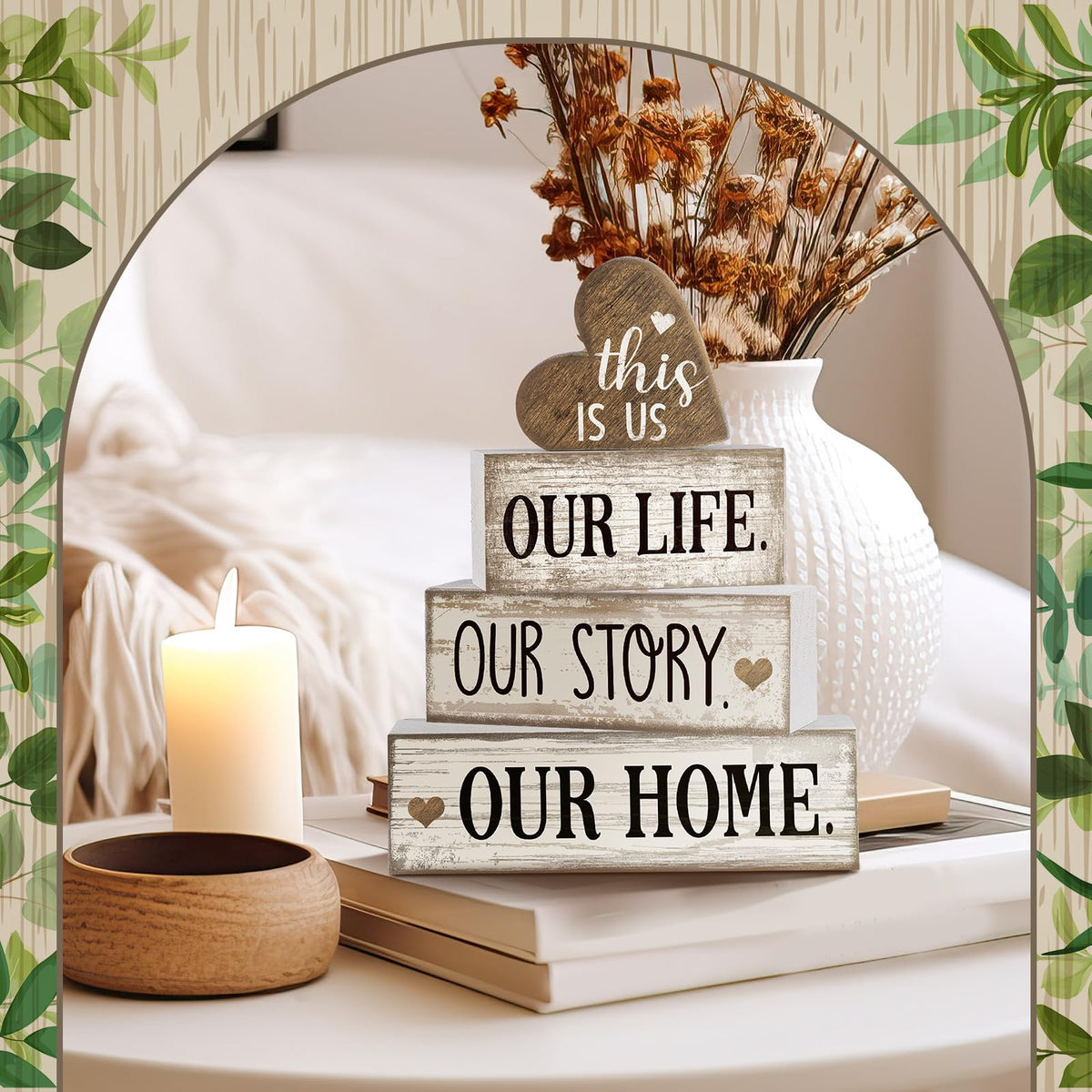 Conelist 4 Pcs Farmhouse Table Decoration Home Sweet Farmhouse Tiered Tray Decor This is Us Centerpiece Rustic Heart Boat Pink Bow Bless Block Sign Gift for Kitchen Table Kitchen Shelf (Heart)