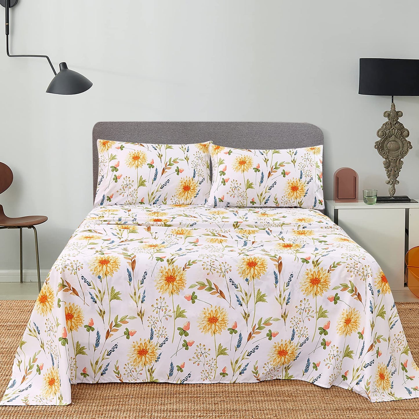 JSD Yellow Floral Printed Sheet Set King Size, 4 Piece Soft Botanical Microfiber Bedding Sheets Extra Deep Pocket
