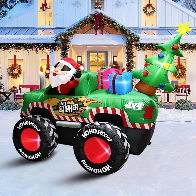 8FT Long Christmas Inflatables Monster Truck, Xmas Blow up Santa Driving Truck with Christmas Tree and Gifts Boxes Outdoor Decorations, X-mas Inflatable Yard Garden Lawn Party Holiday Decor