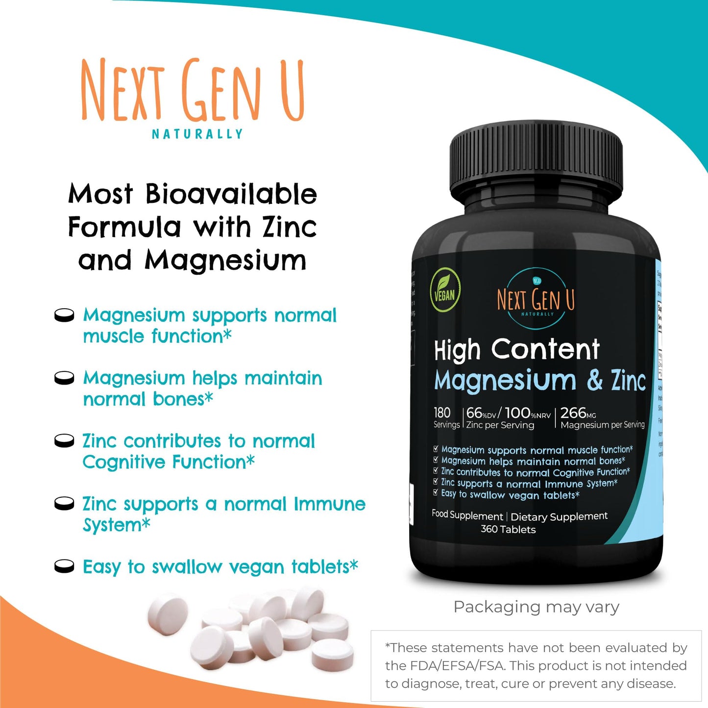 Magnesium & Zinc - Dietary Food Supplement - 360 Vegan Tablets, 266 mg Magnesium Oxide and 10 mg Zinc Gluconate Complex Blend - May Support Bone, Cognitive & Immune Health - by NextGenU