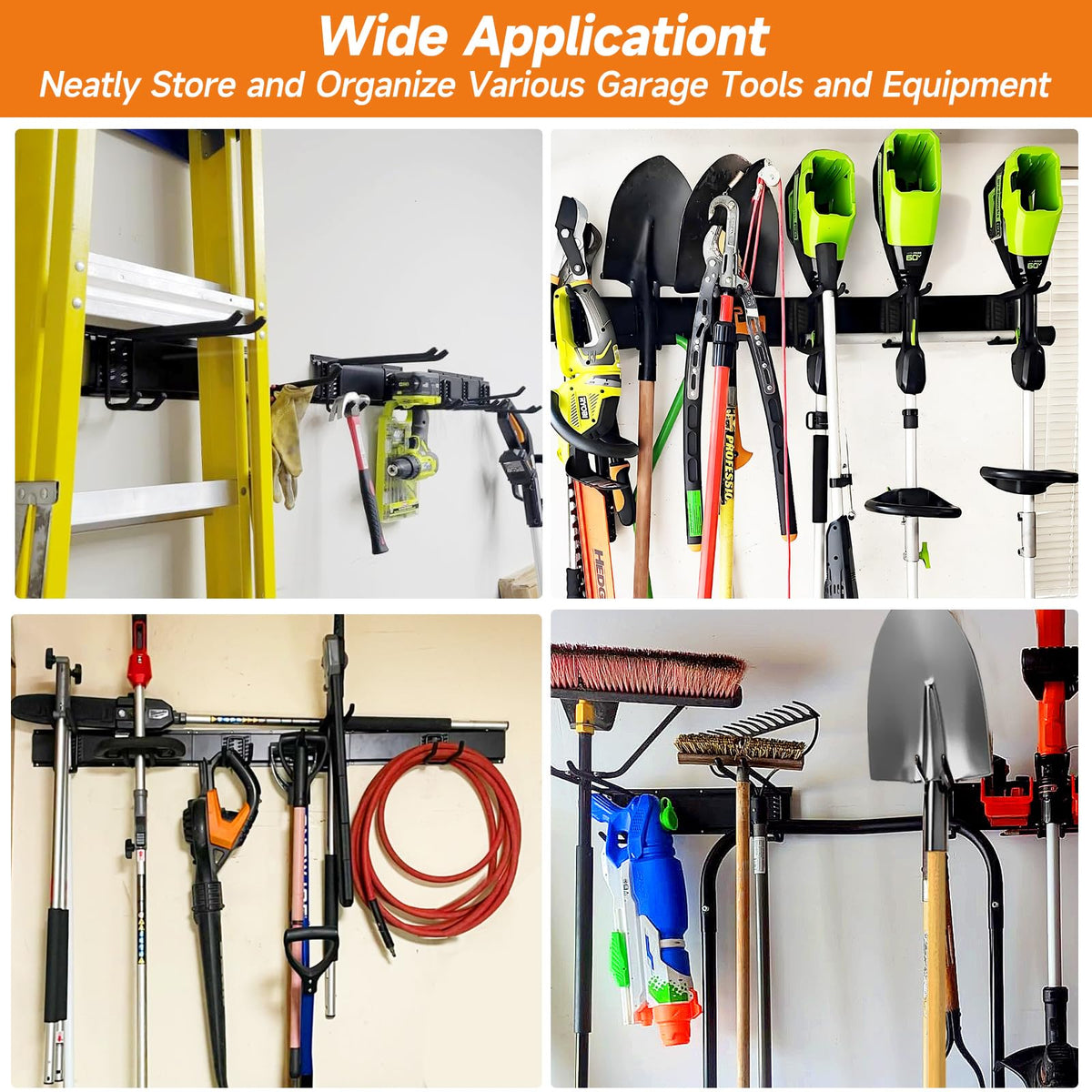 WEZAFO Garage Tool Organizer Wall Mount, Heavy Duty 48 Inches Garage Organization and Storage Racks for Yard Tools with 6 Hooks, Tool Hangers Holders for Hanging Folding Chair, Rake and Shovel