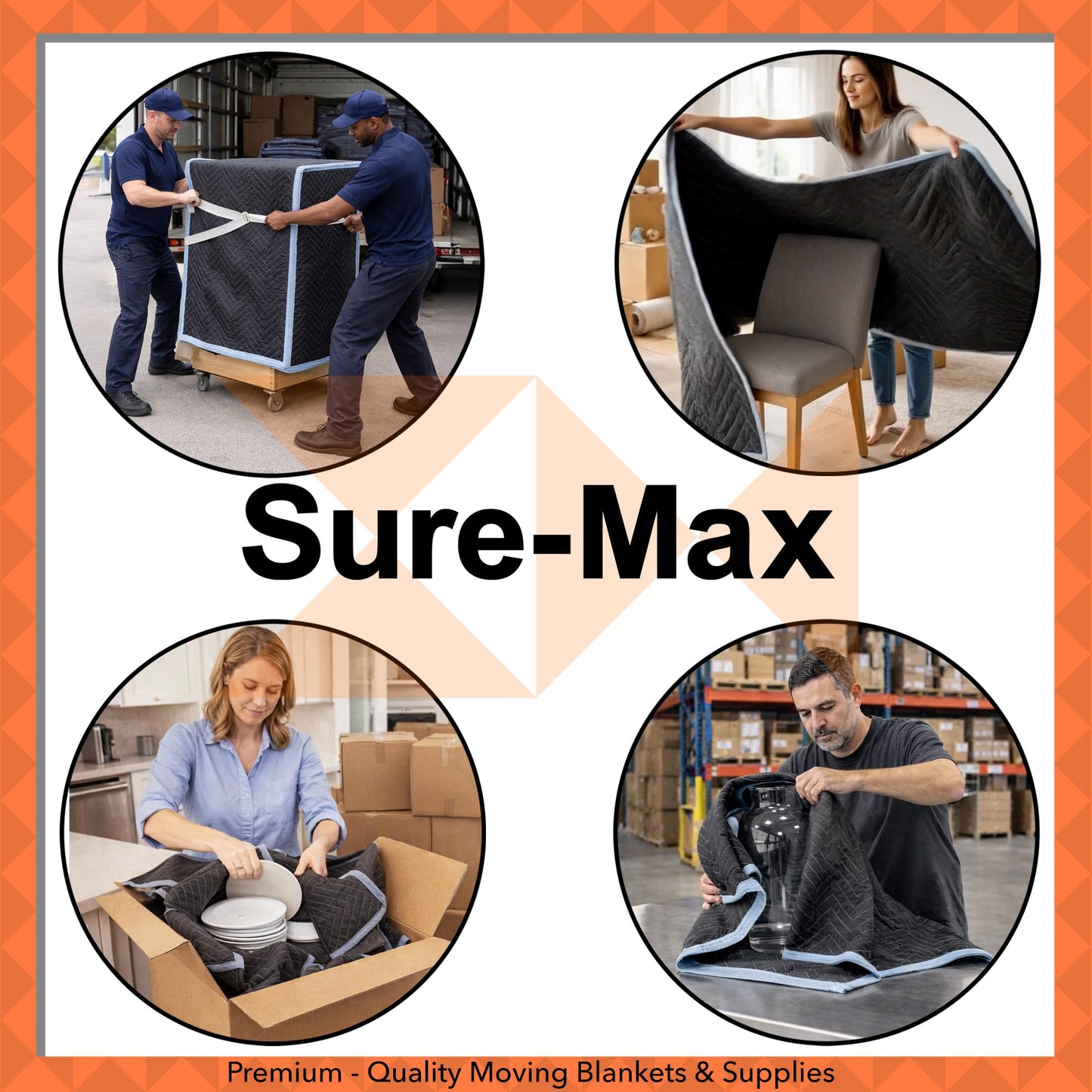 Sure-Max 12 Heavy-Duty Moving & Packing Blankets - Ultra Thick Pro - 80" x 72" (65 lb/dz weight) - Professional Quilted Shipping Furniture Pads Black