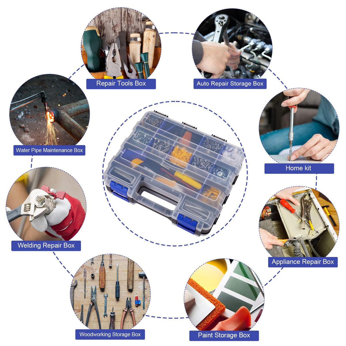 Hardware Organizer Box with 34 Compartments & Removable Dividers - Durable Plastic Double Side Tools Box for Nuts, Bolts, Screws, Nails & Small Hardware (Blue)