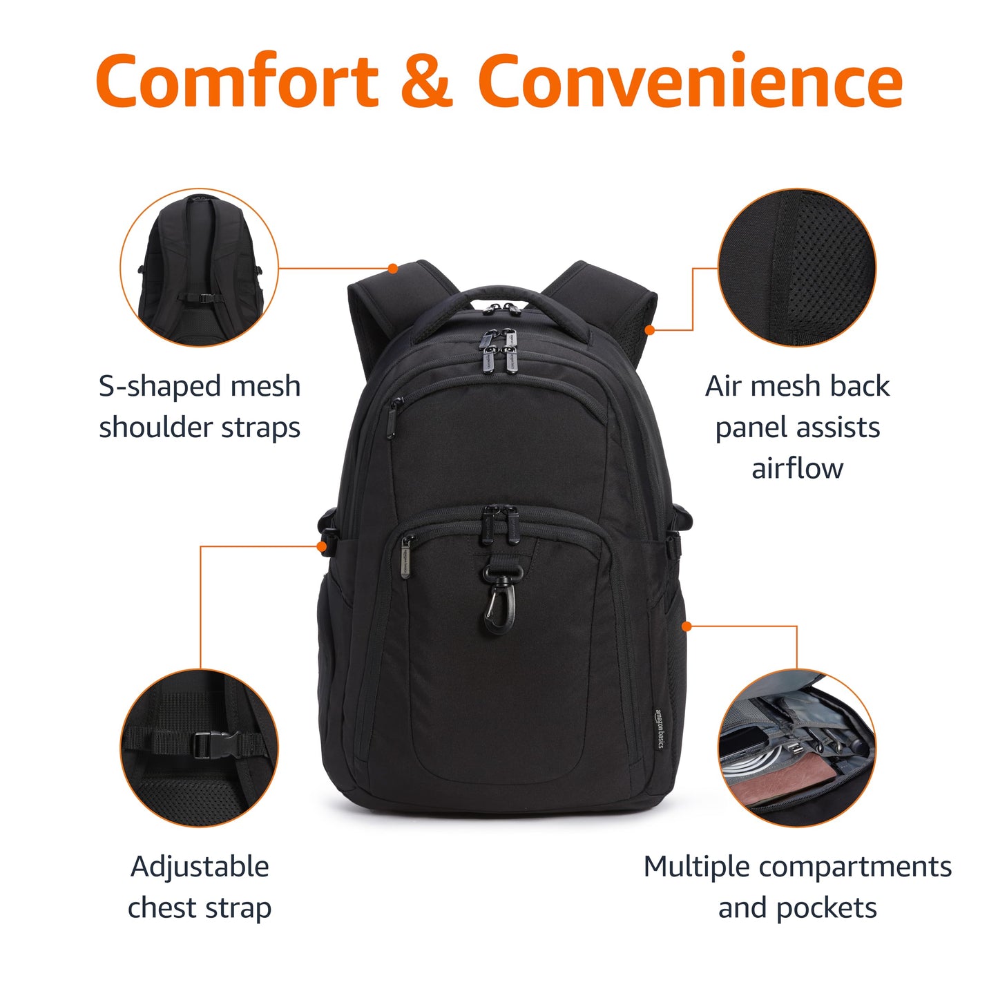 Amazon Basics Travel Laptop Backpack for 17 in / 43.1 cm Laptop, Black