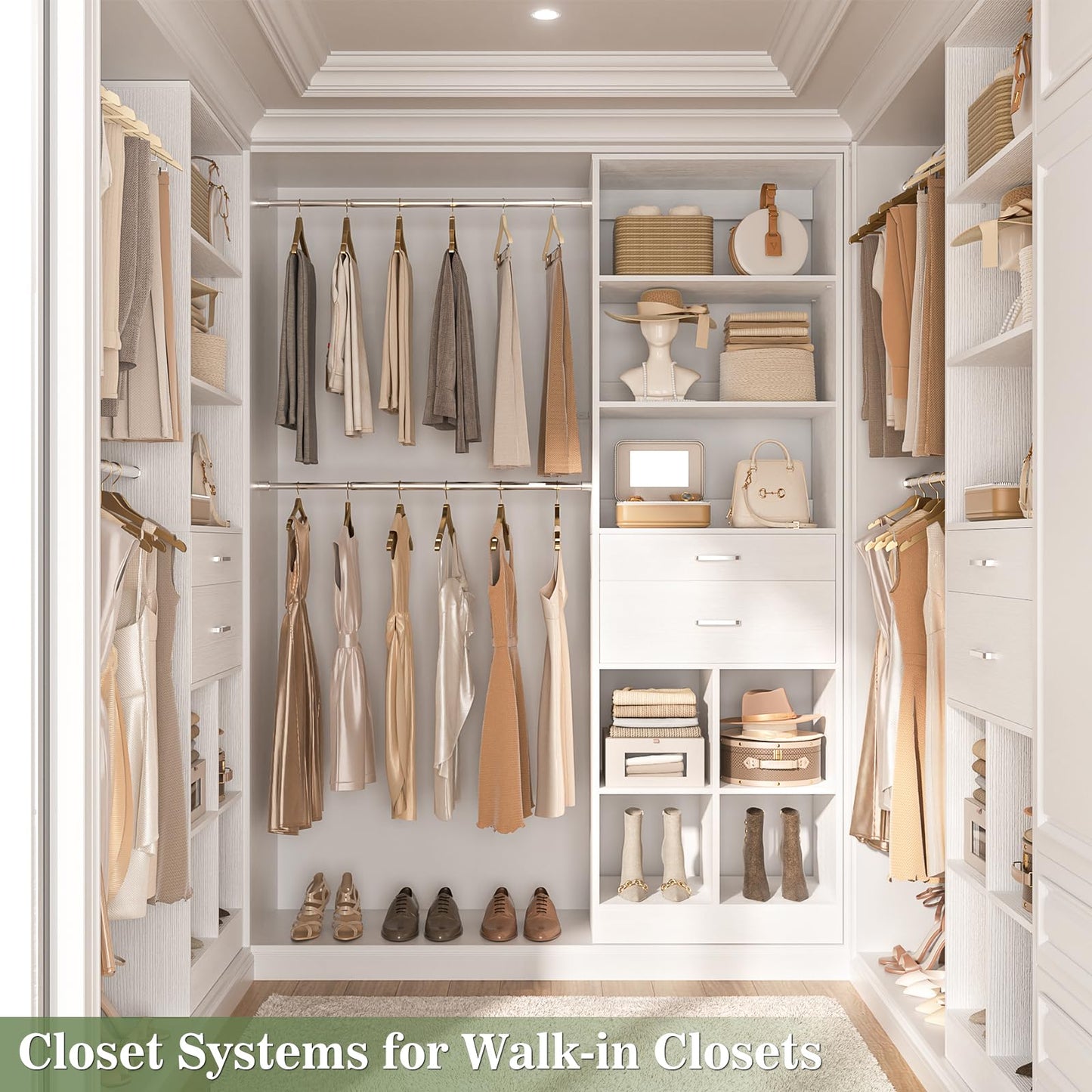 Besiost Closet System, 4-8 FT Closet Organizer Tower with 2 Wooden Drawers and Shelves, Can Fit 60 to 96 inch Walk-in Closet System with 5 Hanging Rods, Built-in, White