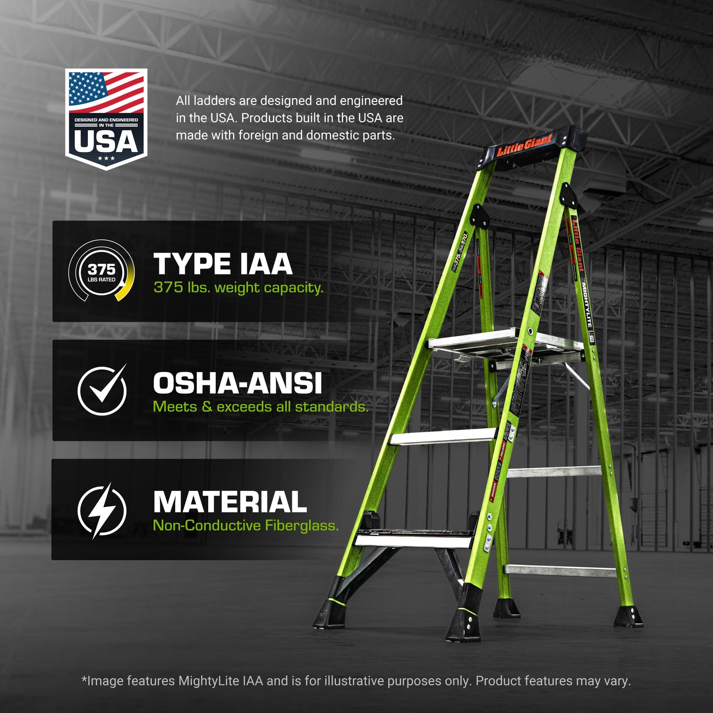 Little Giant Ladders, MightyLite 2.0, 5' Stepladder with Ground Cue, Fiberglass, Type IAA, 375 lbs Weight Rating, (15405-001), Hi-viz Green