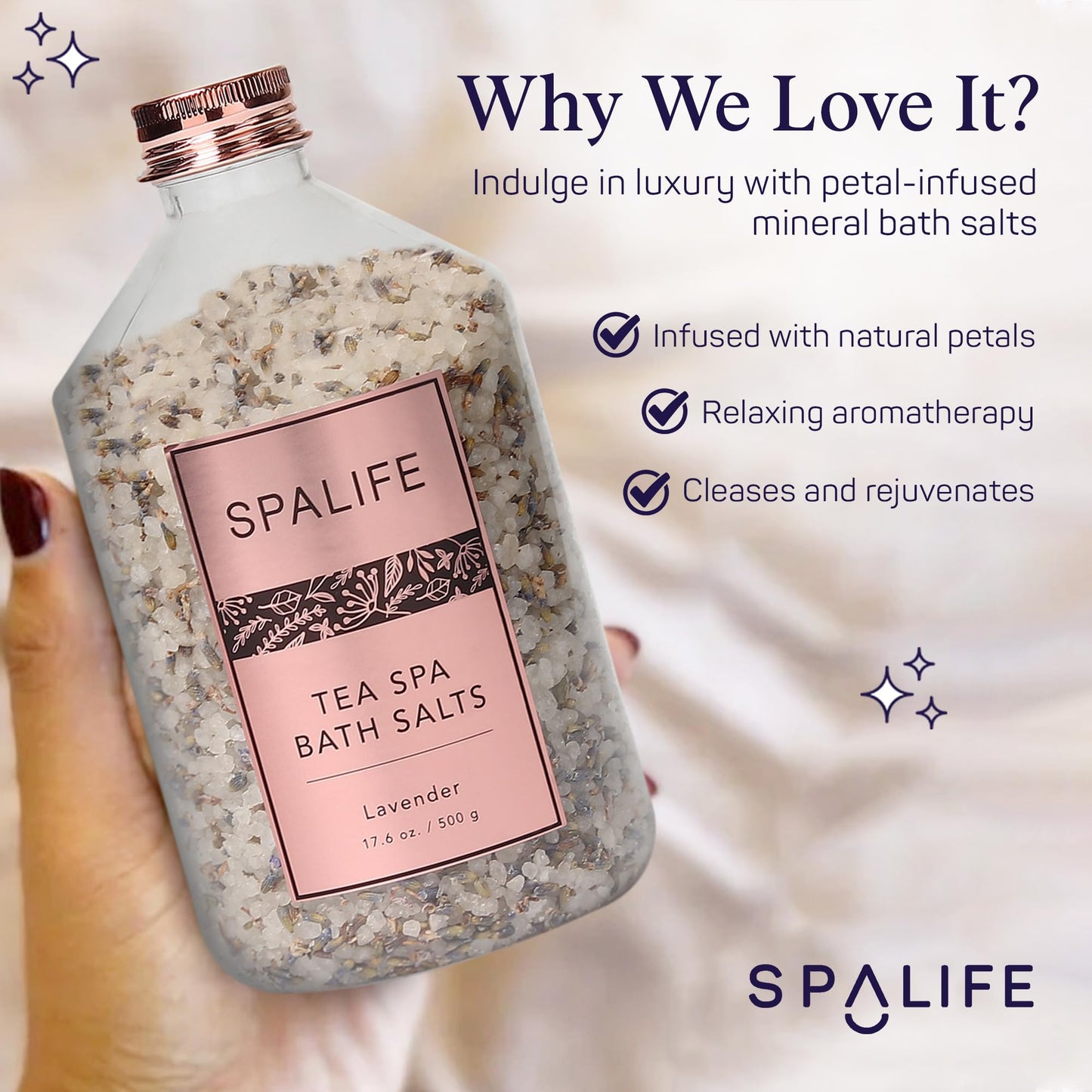 SpaLife Effervescent Rose & Lavender Bath Salts for Women Relaxing | All Natural Aromatherapy Dead Sea Salt Bath Soak Duo | Real Flower Petals for Relaxing Mineral Baths | 2-Pack (35.2 oz)