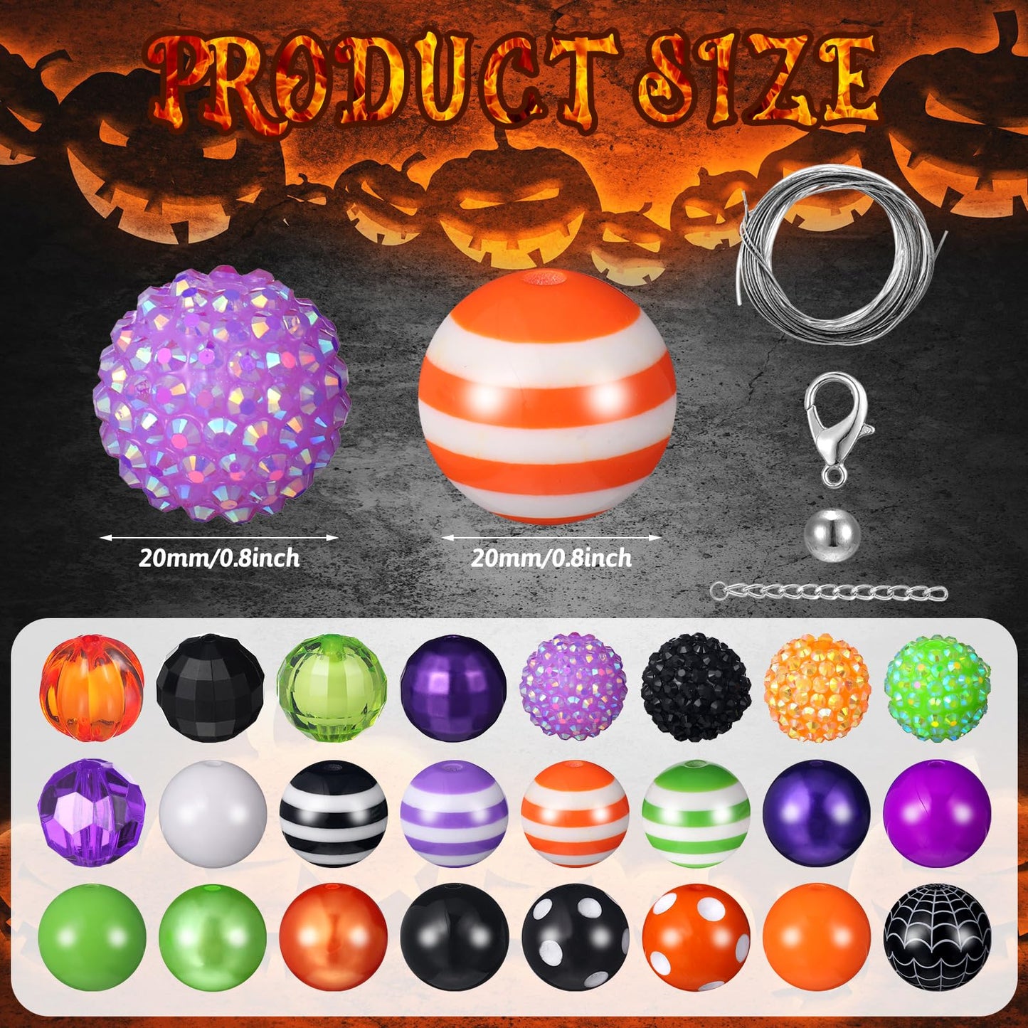 Sasylvia 100 Pcs 20 mm Halloween Rhinestone Bubblegum Bulk Shine Disco Ball Plastic Chunky Loose Round Spacer Beads for Pens Beadable Keychains DIY Project Making Supplies