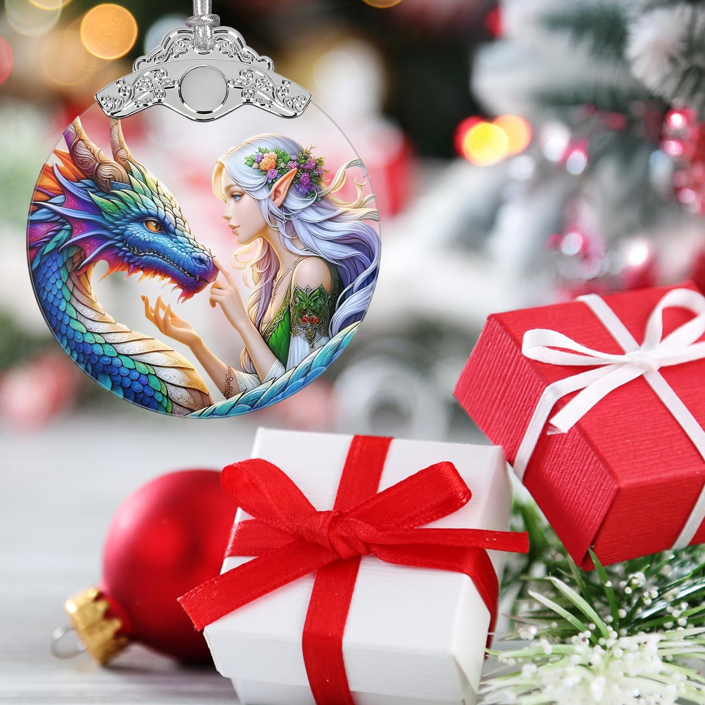 Jocidea Enchanted Elf & Dragon Christmas Ornament - Stained Glass Hanging Decor - Tree Decoration - Gift for Friends, Sisters